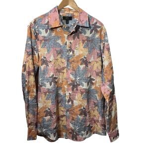 Club Room Lux Linen Shirt Long Sleeve Button Down Dress Tropical Leaf Mens Large